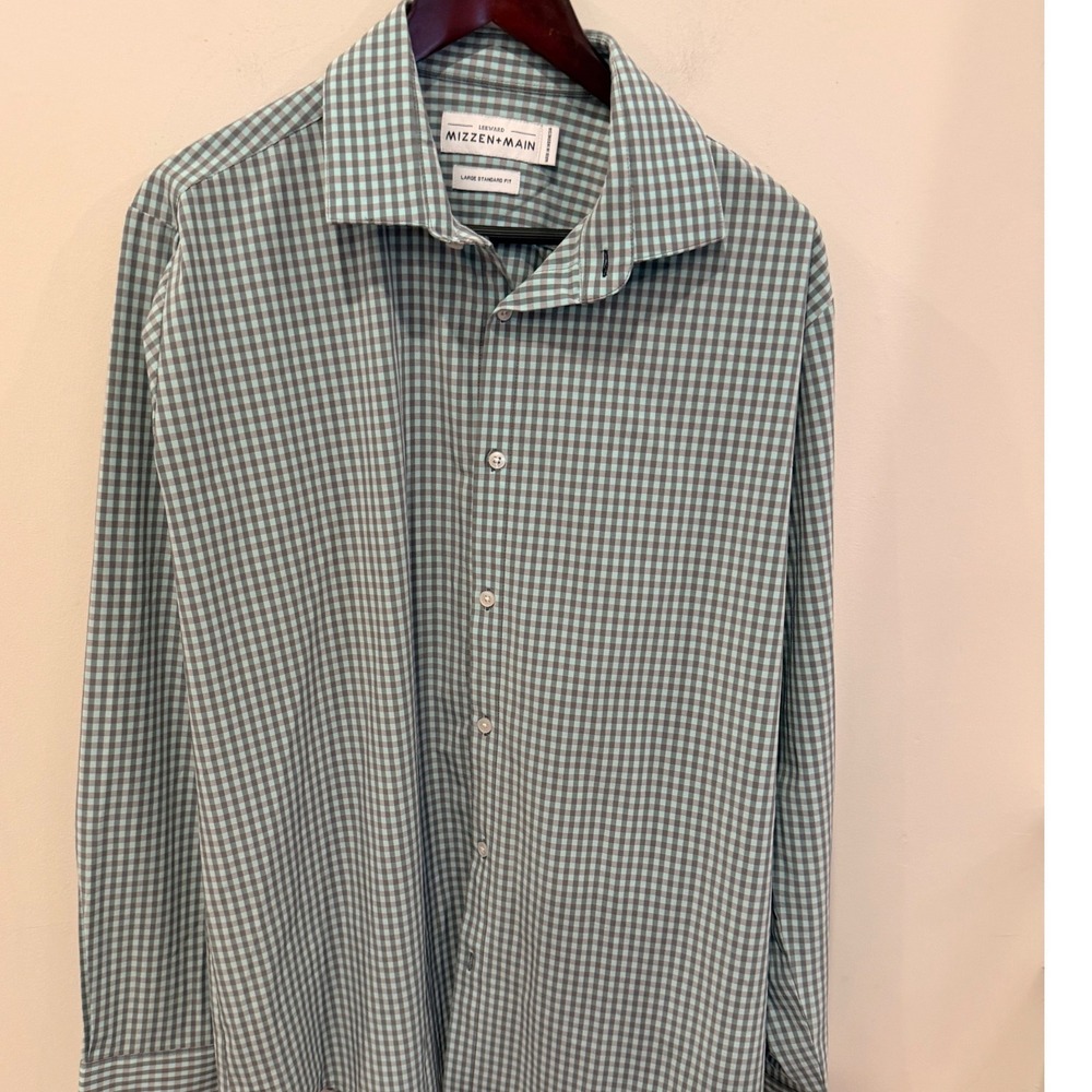 Mizzen+Main Leeward Shirt Mens Large Standard Fit Gingham Aqua LEE-AQU05001-T